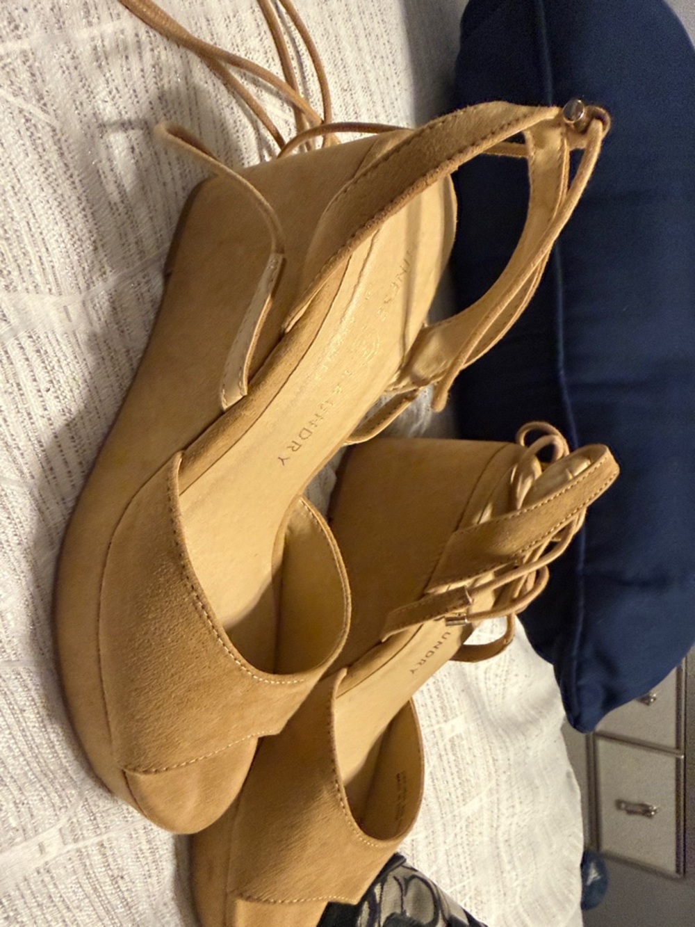Chinese Laundry Tan Suede Peep-Toe Wedge Sandals with Lace Slingback